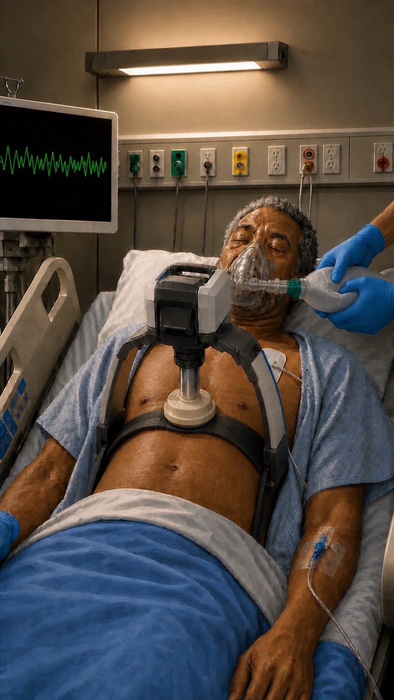 Walter Higgins in cardiac arrest: a mechanical compression device running on his chest while gloved hands ventilate him with a bag-valve mask.