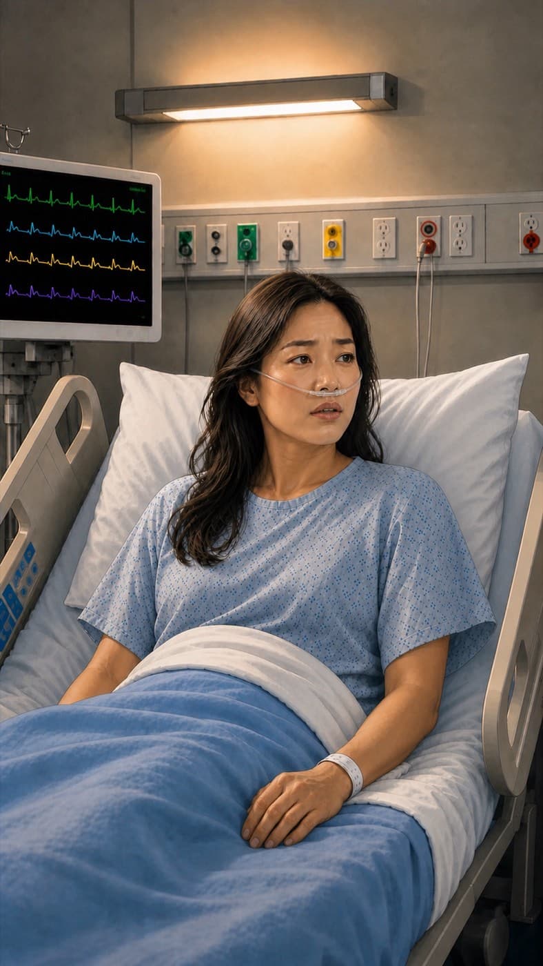 Maya Chen looking frightened and short of breath on nasal cannula as her deep vein thrombosis becomes something worse.