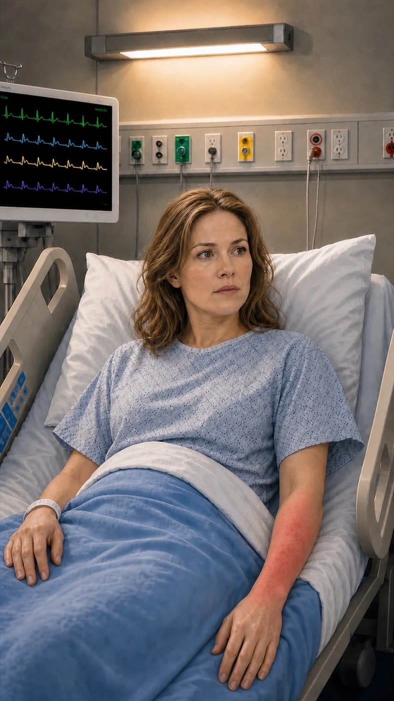 Megan Bennett resting comfortably in an emergency department bed, the cellulitis on her forearm clearly red.