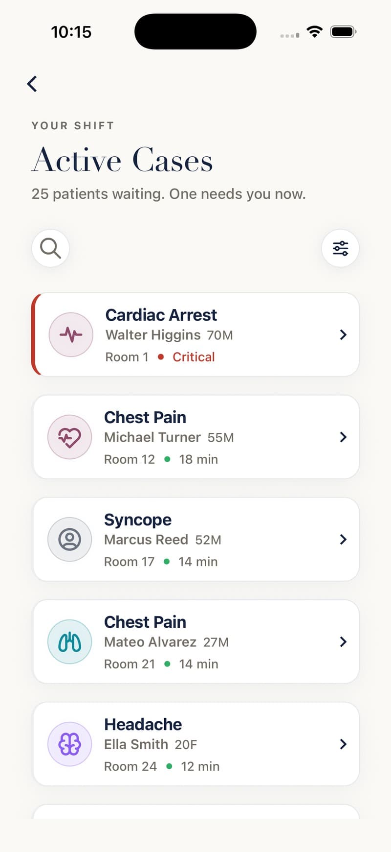 The active case board, listing waiting patients by chief complaint, name, room, and acuity.