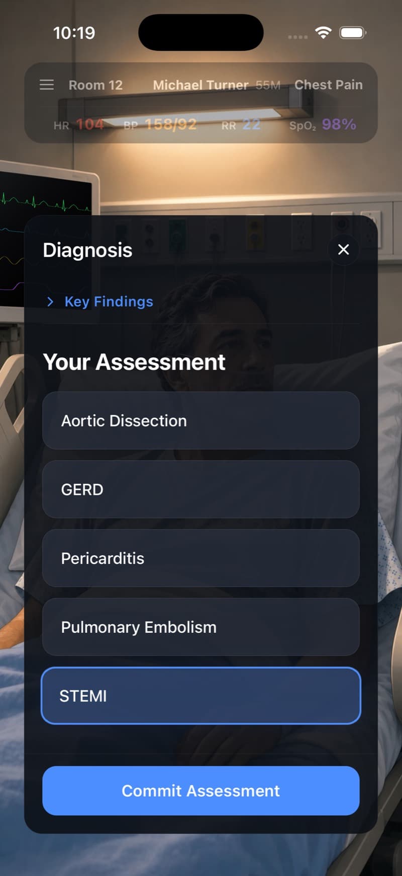 The assessment sheet, listing aortic dissection, GERD, pericarditis, pulmonary embolism, and STEMI as the differential to commit to.