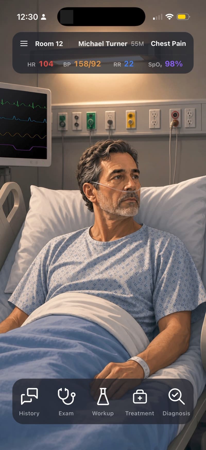 The patient room: room, name, and vitals across the top, the patient in bed, and the History, Exam, Workup, Treatment, and Diagnosis dock along the bottom.
