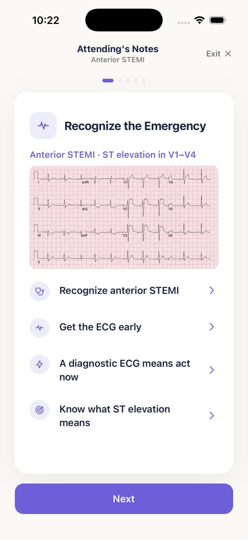 The Attending's Notes teaching deck, open on a lesson about recognizing anterior STEMI from the 12-lead.