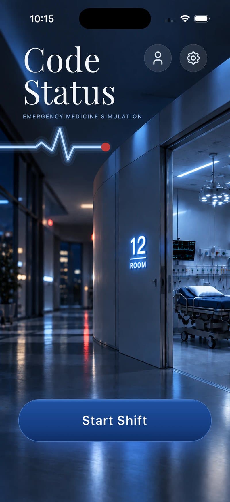 The Code Status home screen on a night shift: the brand mark above a darkened corridor and the open door of Room 12, with Start Shift below it.