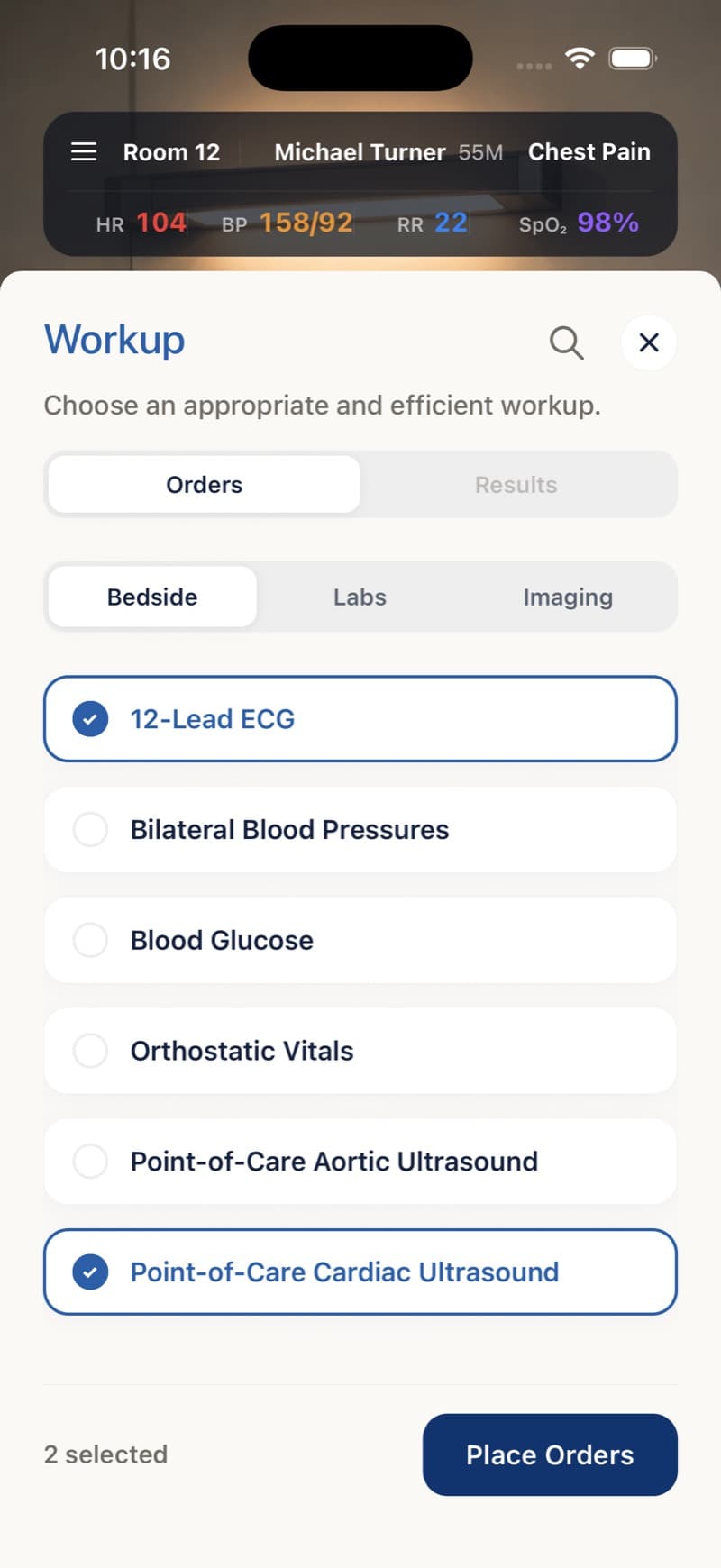 The workup sheet with bedside, labs, and imaging tabs. A 12-lead ECG and a point-of-care cardiac ultrasound are selected.